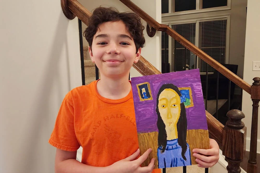 This acrylic painting from Nimmy's Art class depicts a child's drawing of Julie Manet, the daughter of the famous Impressionist painter Édouard Manet.