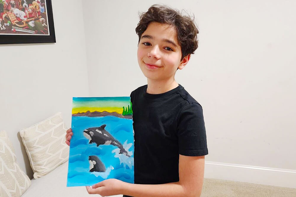 Beautiful acrylic painting from Nimmy's Art painting classes depicts a stunning image of dolphins, created by the talented kid artist Kivanc