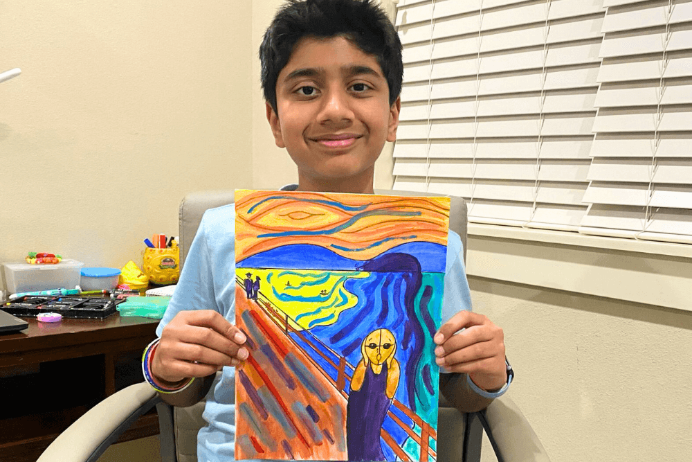 Young artist proudly holding his Gouache Painting, a Masterstudy of "The Scream