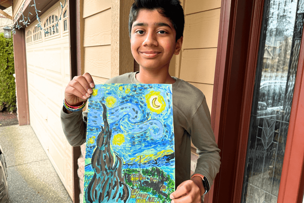 Young artist proudly displaying his acrylic painting inspired by Van Gogh's Starry Night, showcasing a masterful study of impressionism.