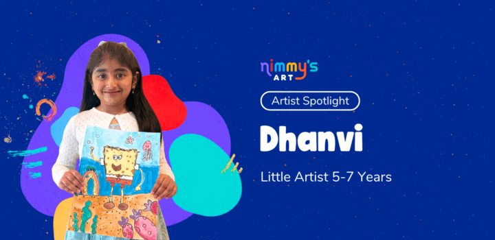 Dhanvi proudly holding her SpongeBob watercolor artwork created during Nimmy’s Art Summer Camp.
