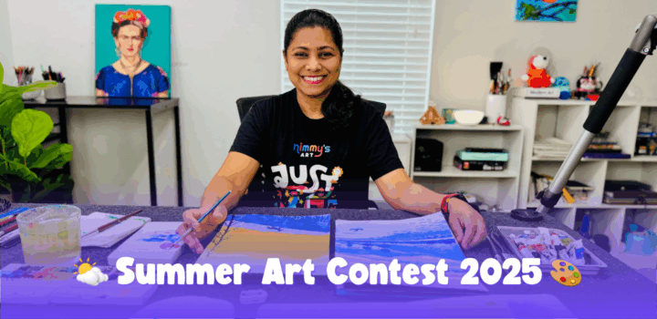 Nimmy from Nimmy’s Art smiling while painting at a desk during the Summer Art Contest 2025.