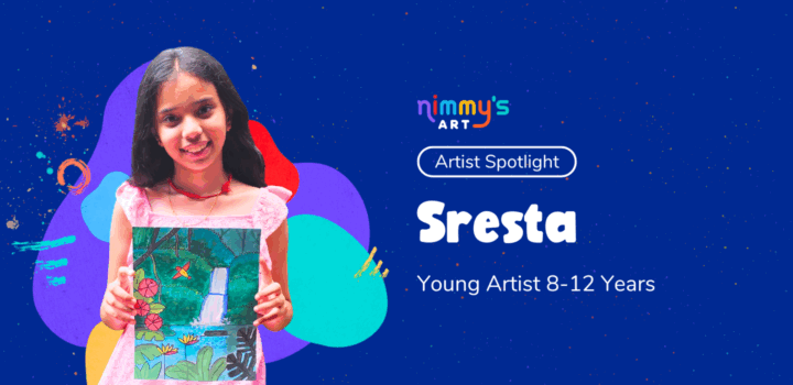 Young girl artist smiling and holding a colorful painting of a waterfall and forest scene, featured in Nimmy’s Art