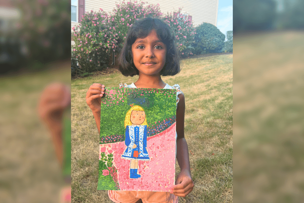 Charvi holding her acrylic master study of Renoir’s A Girl with a Watering Can. From summer art camp.