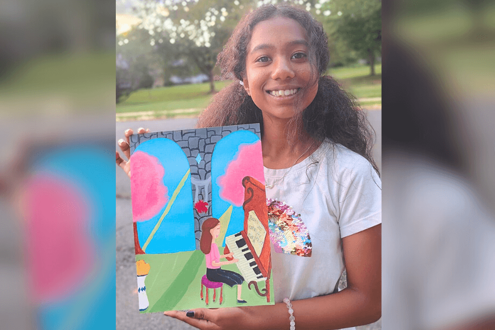 Harene showing her acrylic painting of young girls at the piano, inspired by classical art themes.