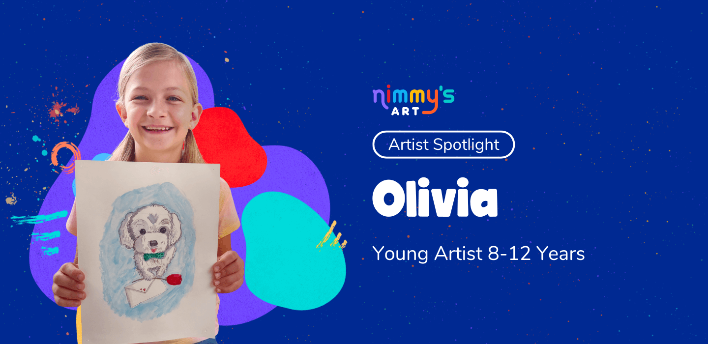 Young artist Olivia smiling outdoors, holding her artwork. She loves painting, drawing, swimming, cooking, and spending time in nature.