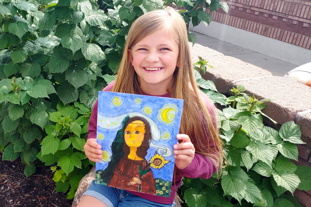 Young artist Olivia’s acrylic portrait of the Mona Lisa, painted with vibrant colors and expressive brushstrokes.