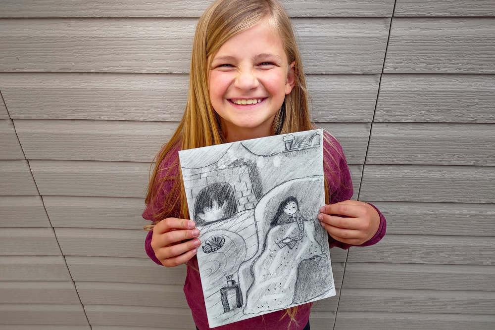 Charcoal pencil drawing titled Warm Ember Vibes by young artist Olivia, showcasing soft textures and glowing warmth in her creative artwork.
