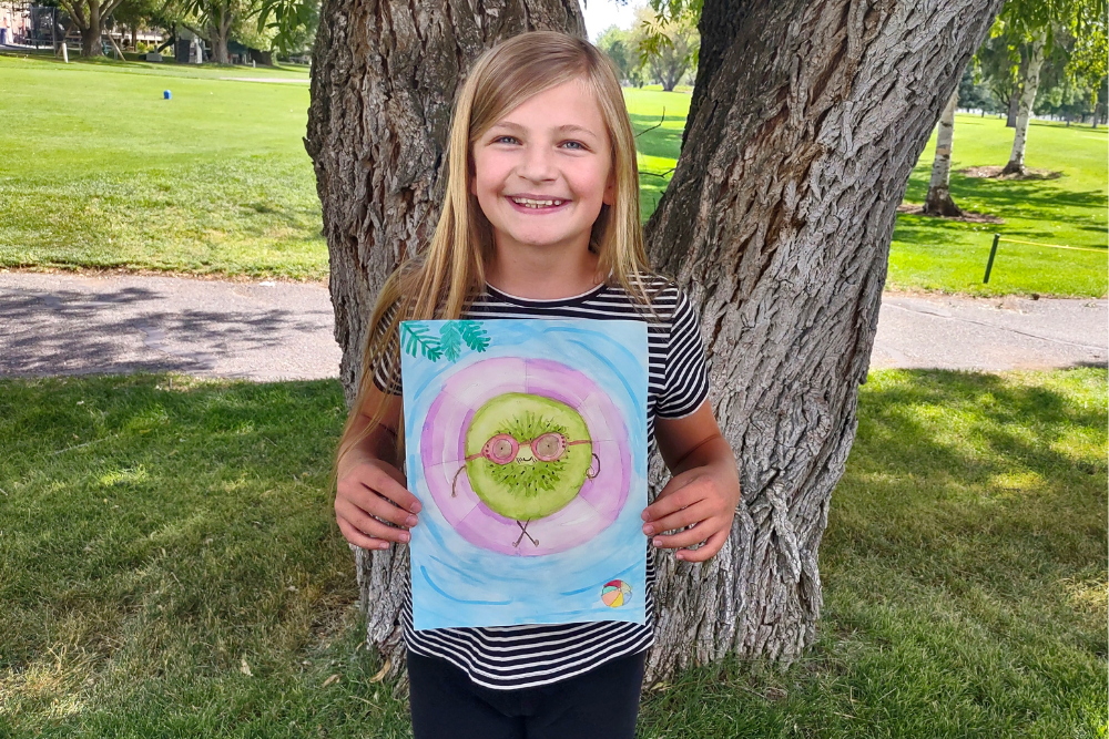 Watercolor painting of a cute kiwi fruit character wearing sunglasses and enjoying a summer vibe, created by Olivia in Nimmy's Online Art Class.