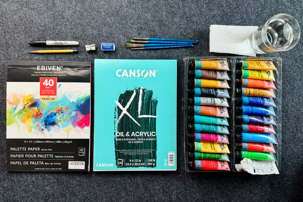 Acrylic paints, brushes, and art supplies used for Nimmy’s Art Halloween Art Contest 2025, inspiring young artists to paint their “Spooky Cupcake” creations.