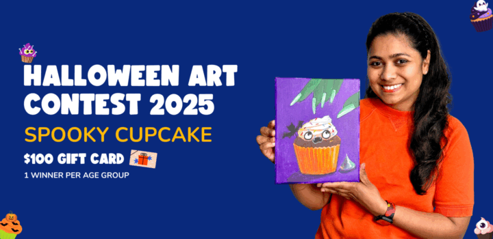 Nimmy Melvin, Art instructor showcasing the “Spooky Cupcake” theme for Nimmy’s Art Halloween Art Contest 2025, inviting young artists to join and win prizes.