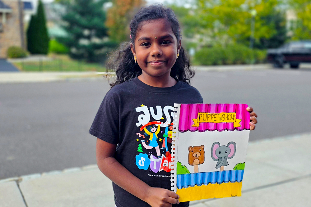 Sanmita smiles proudly while holding her colorful acrylic painting titled “Puppet Show.” The artwork features a cute bear and elephant puppet on stage with bright pink, yellow, and blue curtains, capturing a fun and cheerful performance scene.