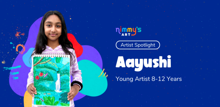 Aayushi smiles while proudly holding her rainforest painting, showcasing a vibrant green landscape with a waterfall, plants, and nature-inspired details.