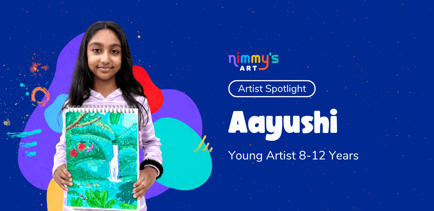 Aayushi smiles while proudly holding her rainforest painting, showcasing a vibrant green landscape with a waterfall, plants, and nature-inspired details.