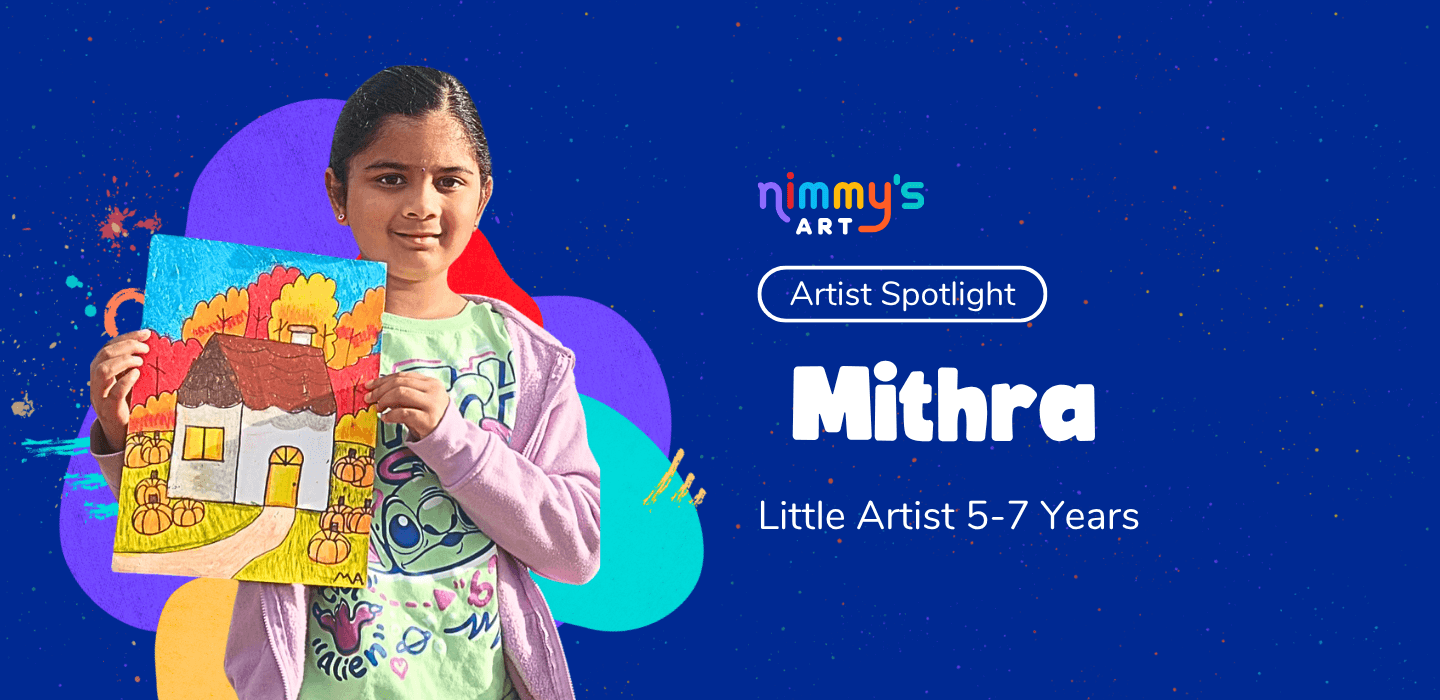 Young artist Mithra from Nimmy’s Art proudly holding her colorful fall house painting during the Artist Spotlight feature for kids ages 5–7 years.