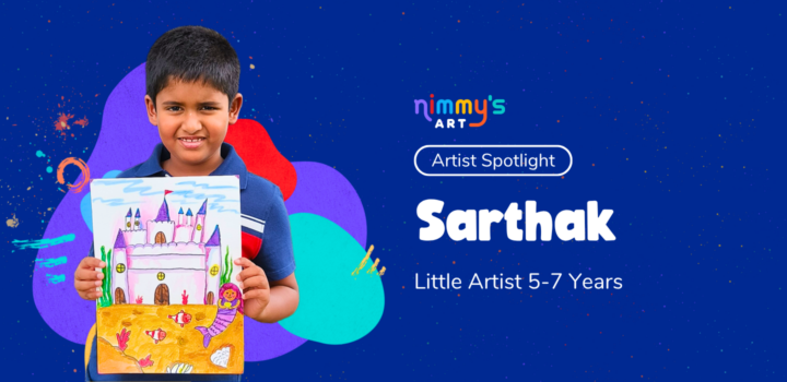 Young artist Sarthak proudly holding his colorful acrylic painting of a magical underwater mermaid castle during the Artist Spotlight feature for kids ages 5–7 years.