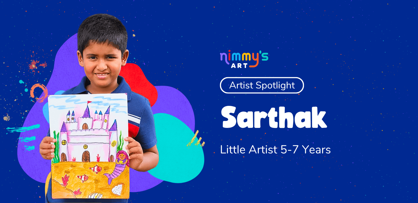 Young artist Sarthak proudly holding his colorful acrylic painting of a magical underwater mermaid castle during the Artist Spotlight feature for kids ages 5–7 years.