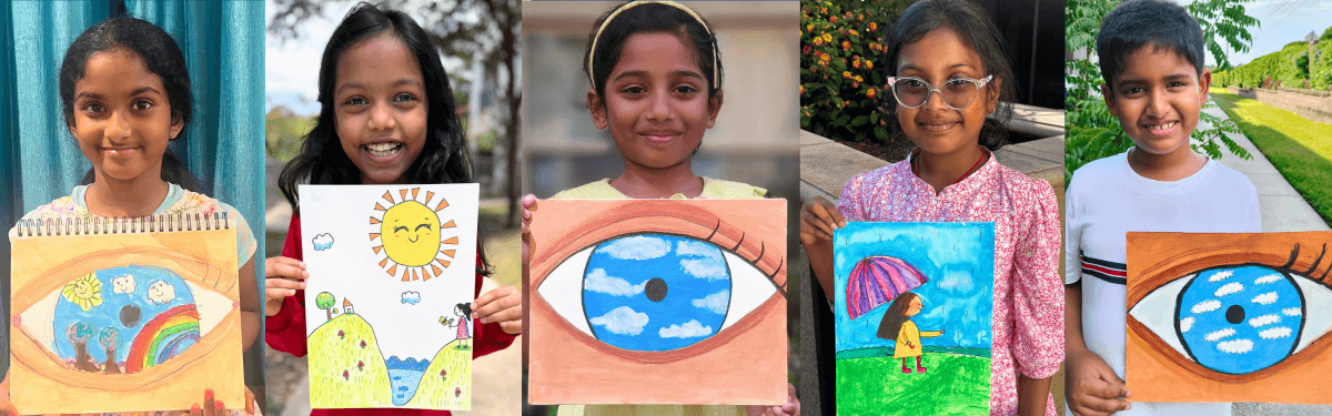 Nimmy’s Art Summer Art Camp 2026 contest winners, ages 5–7, holding colorful eye paintings, a sunny landscape, and umbrella artwork.