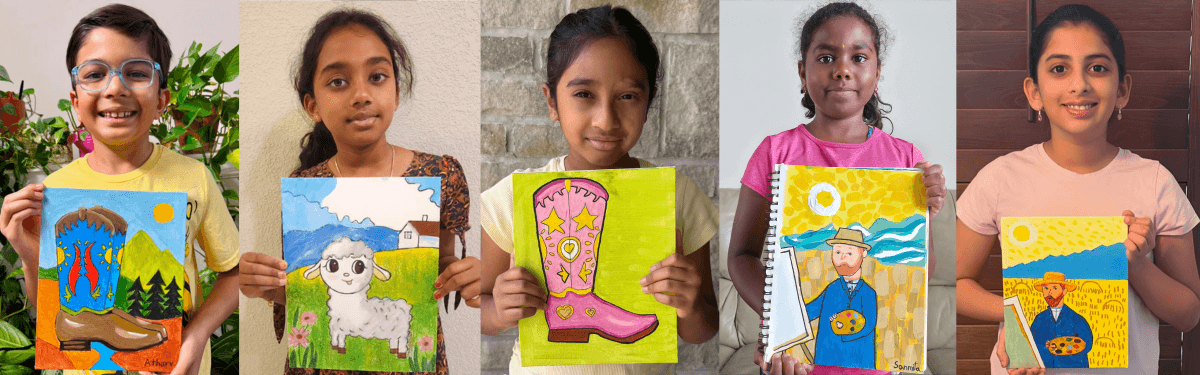 Nimmy’s Art Summer Art Camp 2026 winners holding cowboy boot paintings, lamb artwork, and Vincent van Gogh master studies.