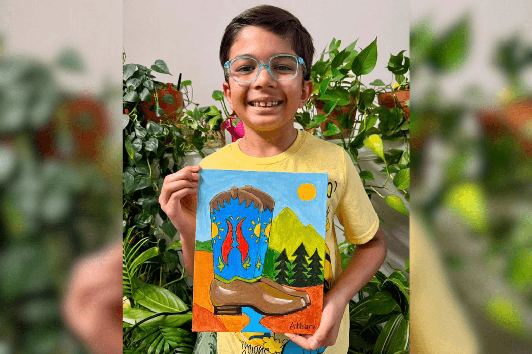Atharv Jain, a Summer Art Camp 2026 contest winner for his Vintage Cowboy Boots painting.