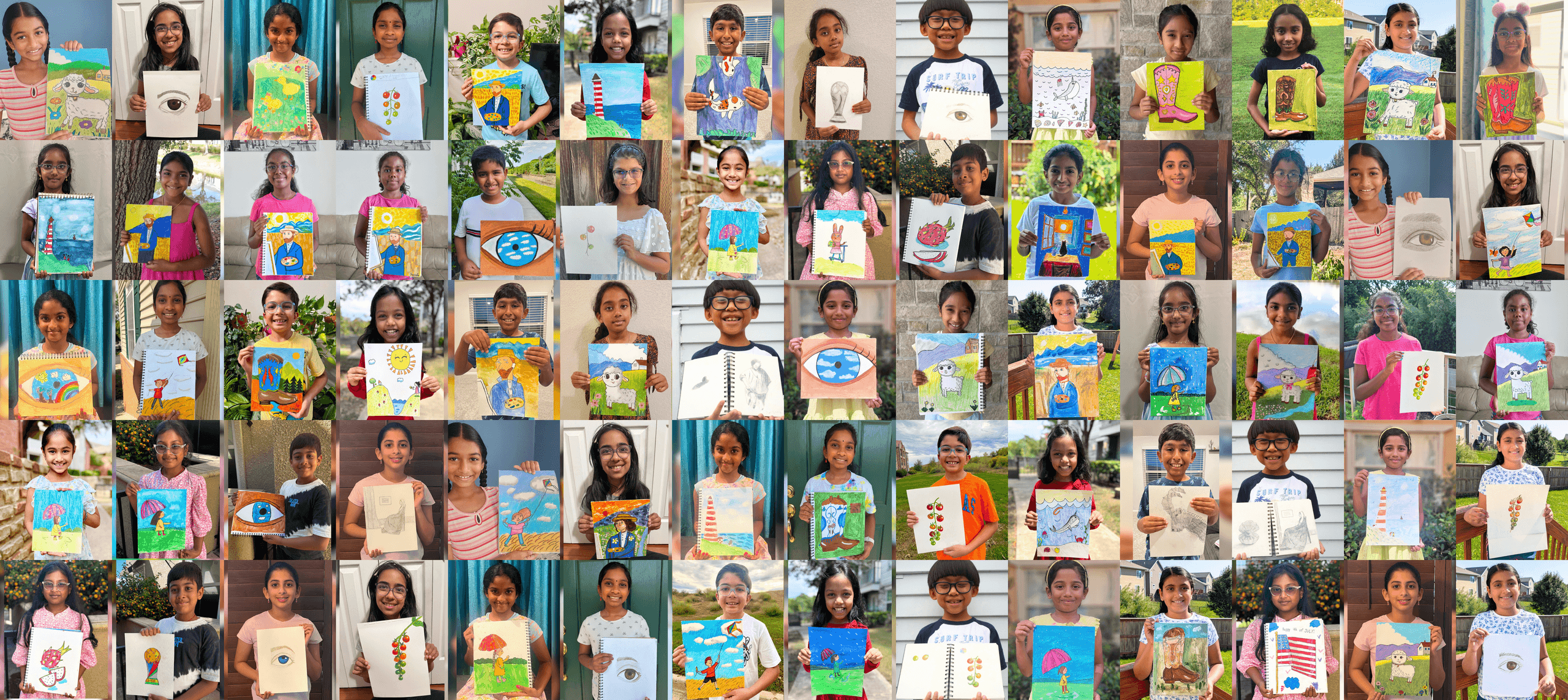 Nimmy’s Art Summer Art Camp 2026 contest participants holding their colorful paintings and drawings.