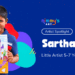 Young artist Sarthak proudly holding his colorful acrylic painting of a magical underwater mermaid castle during the Artist Spotlight feature for kids ages 5–7 years.